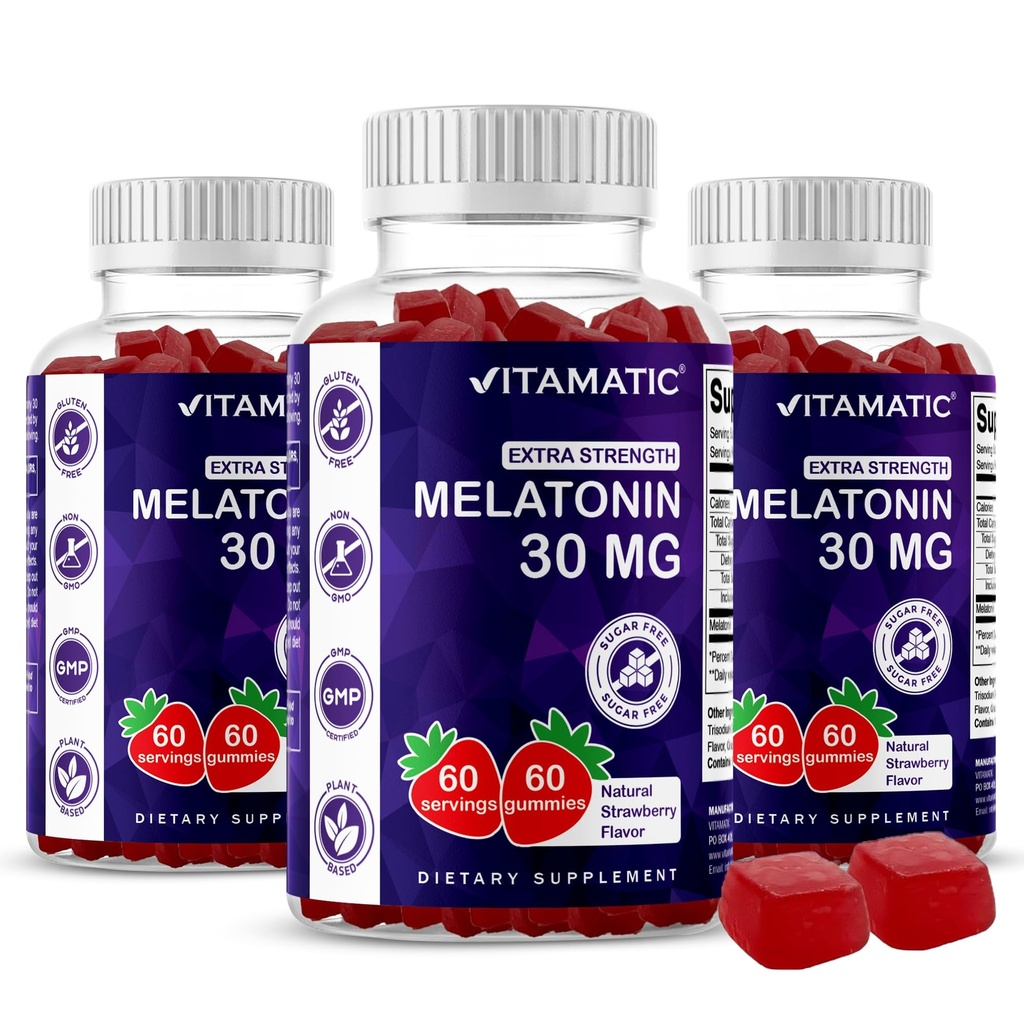 Mélatonine sans sucre vitamatique 30mg par gummy - 60 portions - 60 gummes végétariens - Supplément de formation non habit (60 comtes (paquet de 3))
