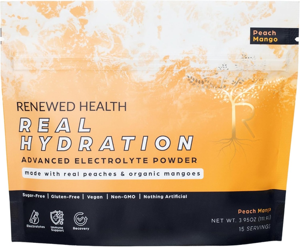 Idratazione reale - Organic Fruit-Based Electrolyte Mix - Realizzato con frutta organica e sale rosa - Zero Sugar & Vegan - Idratazione, Immune & Recovery Support (15 Servings, Peach Mango)