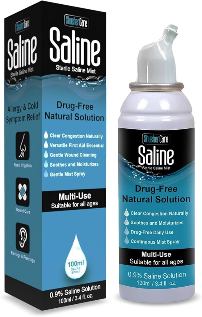 Spray Saline pour Nez - Solution Saline Spray Nasal pour nouveau-nés, bébés et adultes, eau salée désodorisante pour nez farci, bon voyage, naturel, 0,9% Saline - 100 ml (3.4 fl oz)