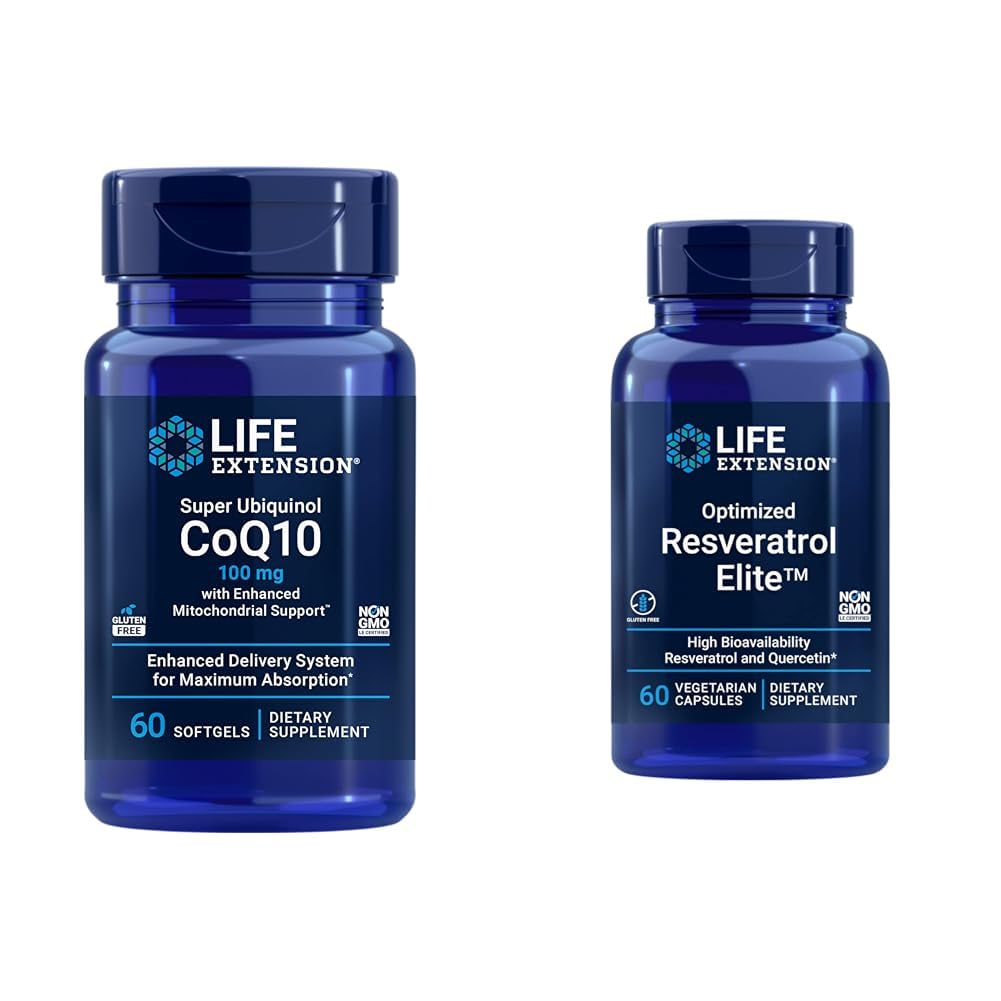 Life Extension Super Ubiquinol CoQ10 60 Softgels und optimierte Resveratrol Elite 60 Vegetarische Kapseln Bundle