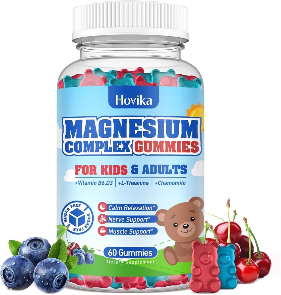 Gommies de magnésium pour enfants - supplément à croquer avec vitamine B6, D3, fleur de passion, L-théanine - Magnésium calme sans sucre pour les enfants et les adultes, humeur, détente, 60 chews