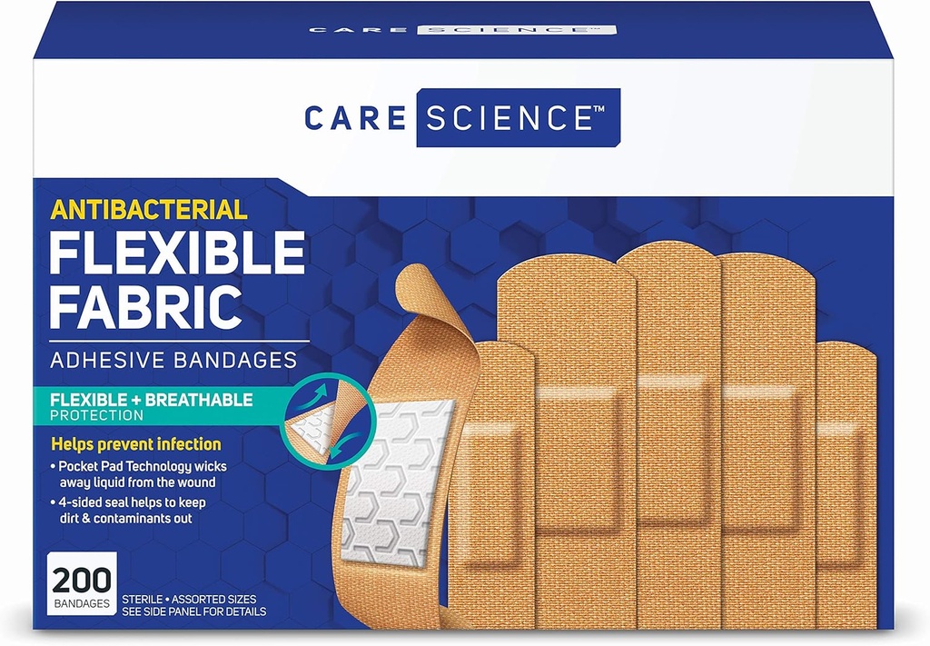 Care Science Stoffklebebänder, 200 ct Bulk sortierte Größen | Flexibel + Atmungsaktiver Schutz für Erste Hilfe und Wund Pflege