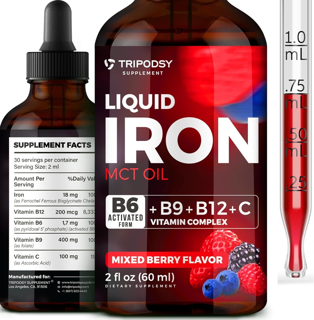 Supplément en fer liquide pour les femmes et les hommes - gouttes de fer avec B6, B9, B12, Vitamine C pour l'anémie, fabricant de sang, folate pour la cellule de sang rouge et immunosupport MCT huile (2 Fl Oz, baie mixte)
