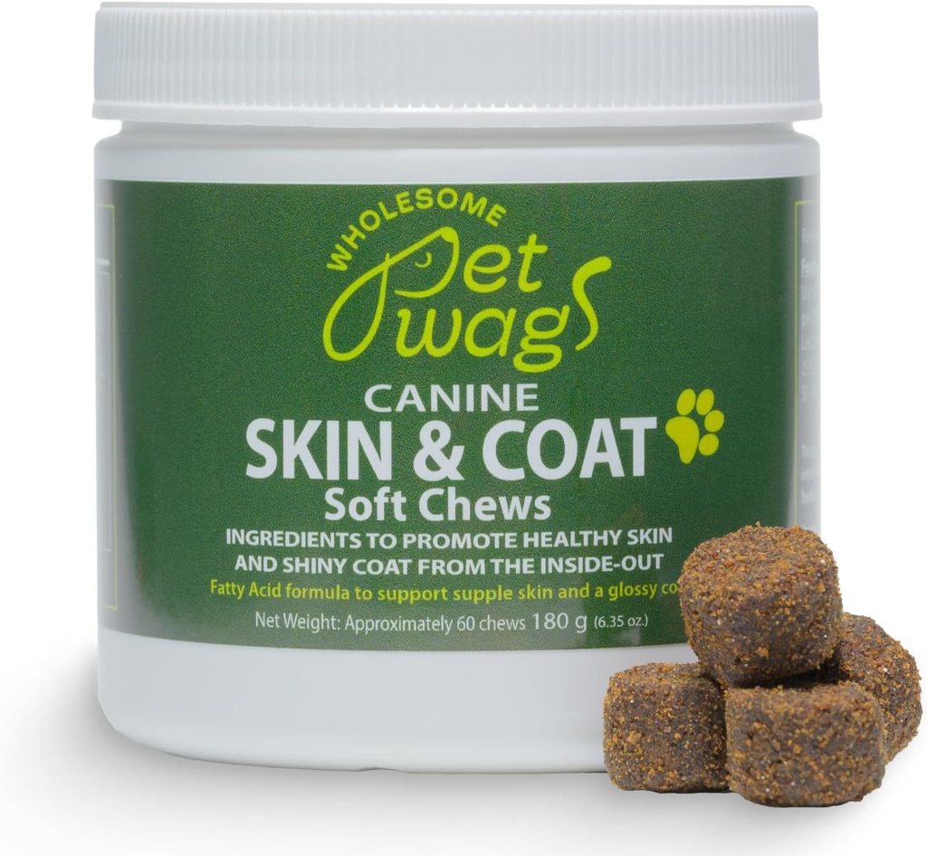 Allergie & Démangeaison pour les chiens – Peau & Coat Soft Chews w/Omega-3, Huile de poisson, Biotine, Collagène – Réduit la couverture, favorise la peau saine et la fourrure brillante – 60ct