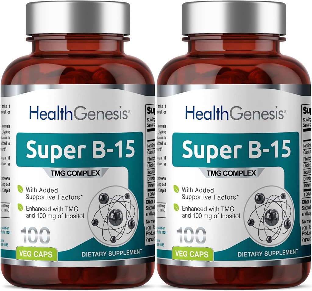 Super B-15 100 Vcaps 2 Pack - Niacine Calcium Choline Inositol DMG TMG - Supporte des niveaux d'énergie d'oxygène sains