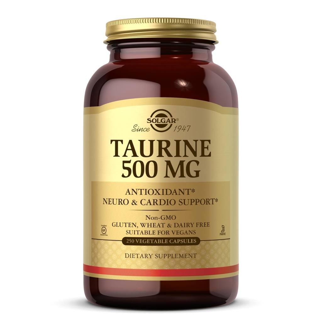 Solgar Taurine 500 mg, 250 Gemüsekapseln - Antioxidans - Gehirngesundheit - Aminosäure - Vegan, Glutenfrei, Dairy Free, Kosher - 250 Servierungen