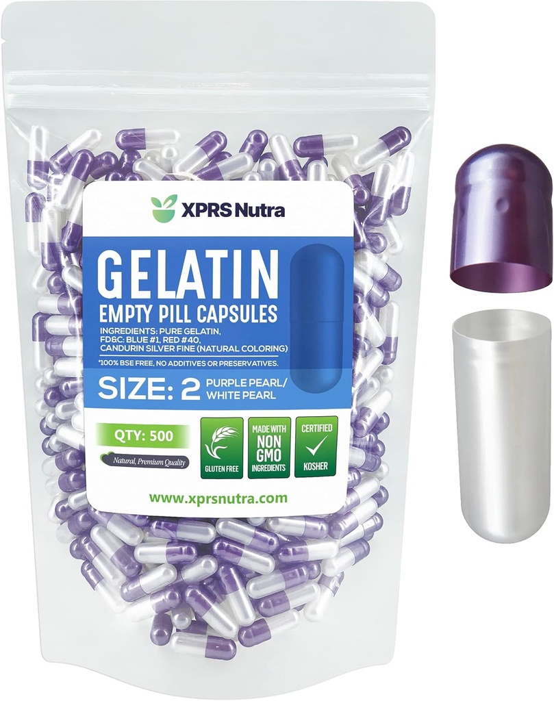 XPRS Nutra Größe 2 Leere Kapseln - 500 Graf Leere Gelatine Kapseln - Pillen DIY Kapsel Füllung - Pure Bovine Pill Gel Kapseln für Do-It-Yourself Ergänzungen (Pearl Purple/White)