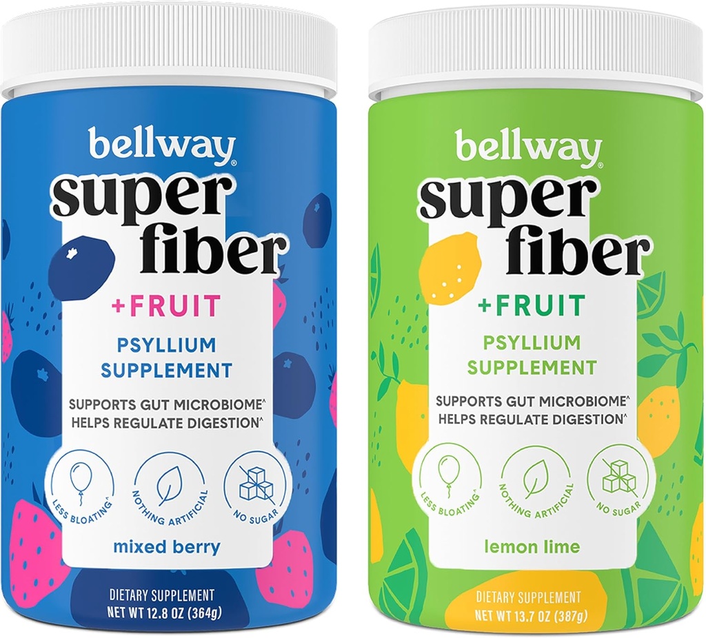 Bellway Super Fiber Powder + Fruit, Sugar Free Organic Psyllium Husk Pulver Ergänzung für Regularität, Bloating Relief & Gut Gesundheit, Non-GMO, Mischbeere & Zitronen Lime