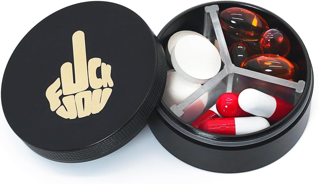 Small Pill Case 3 Komponenten, Metall Runde Tragbare Pille Box, Wasserdichte Reise Pille Organizer, Pocket Purse Medizin Vitamin Holder EDC Container (Schwarz mit Finger)