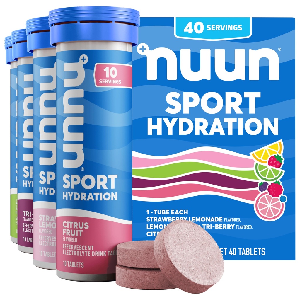 Nuun Sport Comprimés électrolytiques pour l'hydratation proactive, saveurs mélangées, 4 paquets (40 portions)
