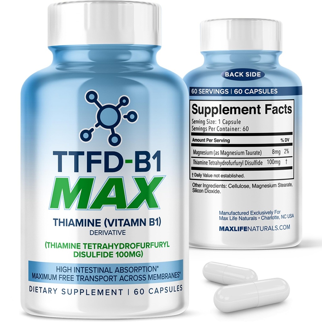 TTFD Thiamine B1 Supplément 60Capsules Fabriqué aux États-Unis- Thiamine TTFD Vitamine B1 MAX, Supplément haute capacité pour l'énergie et la focalisation, soutient la fonction nerveuse saine et le bien-être global par MaxLife Naturals