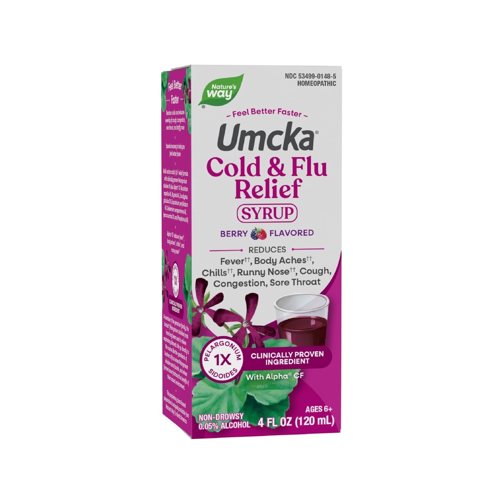 Nature's Way Umcka Cold and Flu Relief Syrup, Homeopathic, Berry, 4 Fl Oz | Relief for Fever(1), Sore Throat, Cough, Congestion, Body Aches(1), Phenylephrine-Free, 0.05% Alcohol, Non-Drowsy