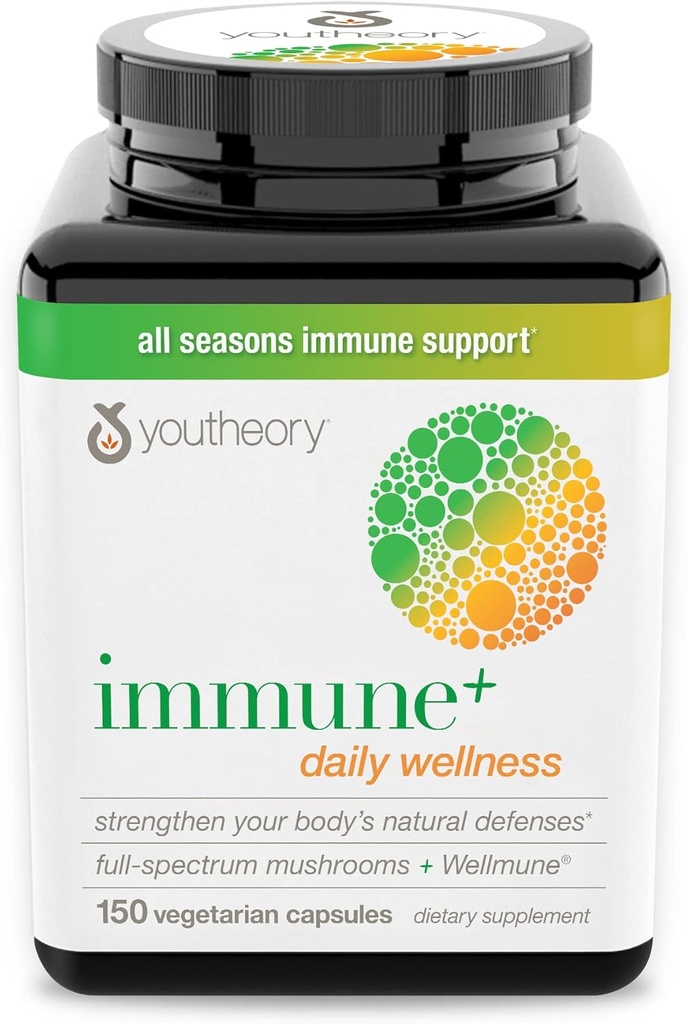 Youtheory Immune+ Tägliche Wellness- Organische Pilze- Beta Glucan- Vitamin C, D3 & Zink 150 Vegetarische Caps