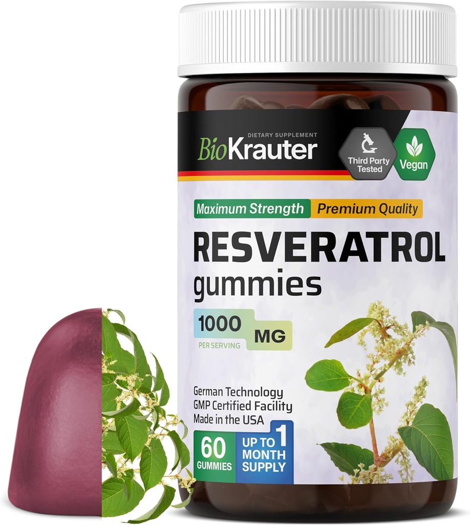 BIO KRAUTER Resveratrolo Gummies - 1000 mg di resistenza - 60 Vegan Chews - 98% Pure Trans Resveratrol Supplement - Supporto antiossidante