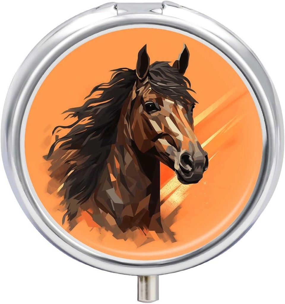 Scatola di pedaggio per borsa e tasca,Sfondo arancio con la testa di cavallo stampa il metallo Piccolo caso di pillole,Round Cute Pill Organizer,3 Contenitore di pedaggio a confronto,Scatole di ping pollame per pillole,Vitamins,Supplements,a