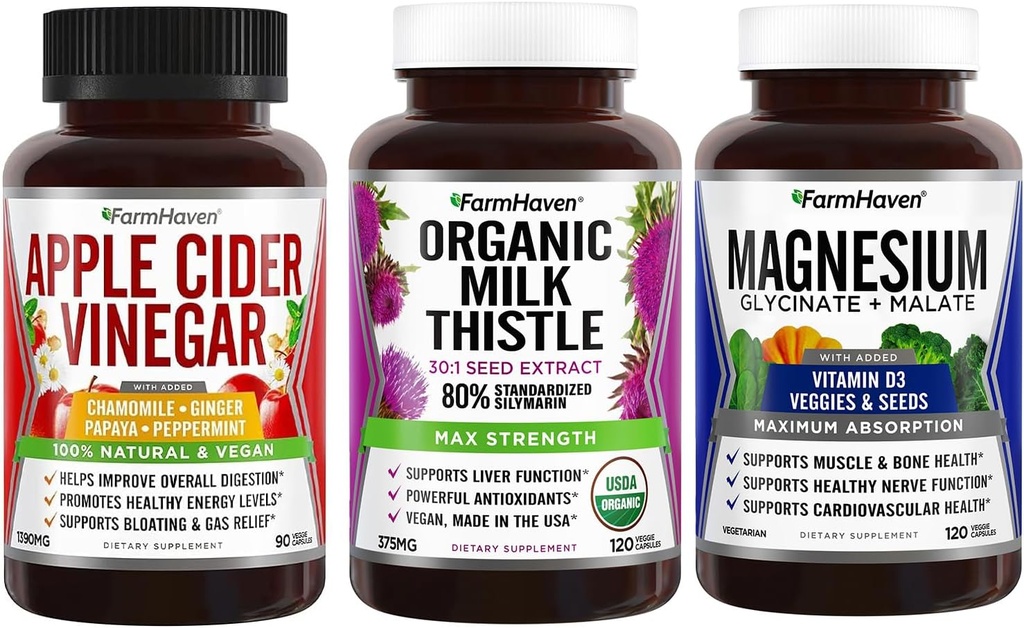 Capsule di Aceto di Sidro di Mele FarmHaven con Ginger & Magnesium Glycinate & Malate Complex w/Vitamin D3 & Milk Thistle Capsule