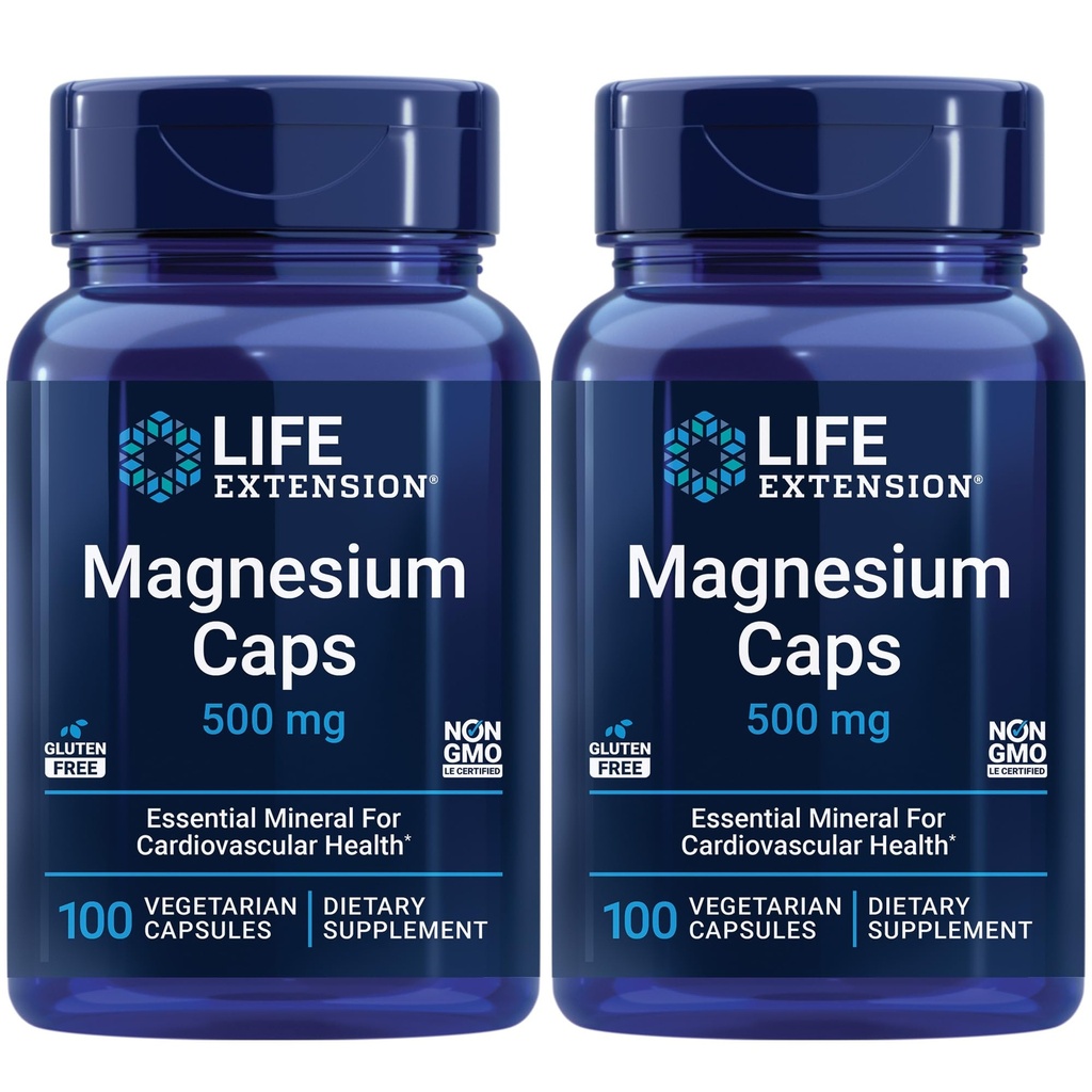 Prolungamento della vita Caps di magnesio, 500 mg, Succinato di magnesio, salute del cuore, Bones sano, supporto del metabolismo - Confezione di due - 2 x 100 capsule vegetariane