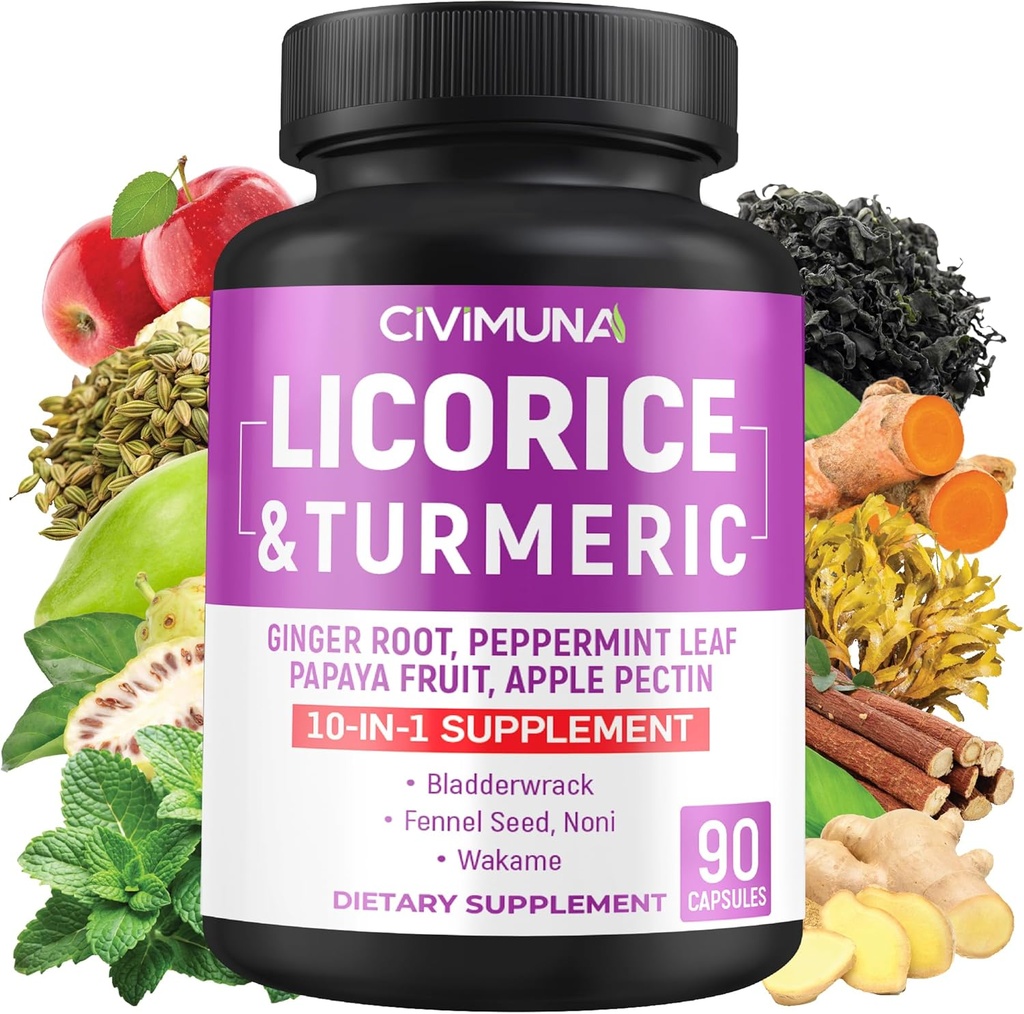 Capsule di liquirizia con liquirizia, radice di curcuma, radice di zenzero, foglia di menta piperita, papaya frutta- 3 mesi di alimentazione