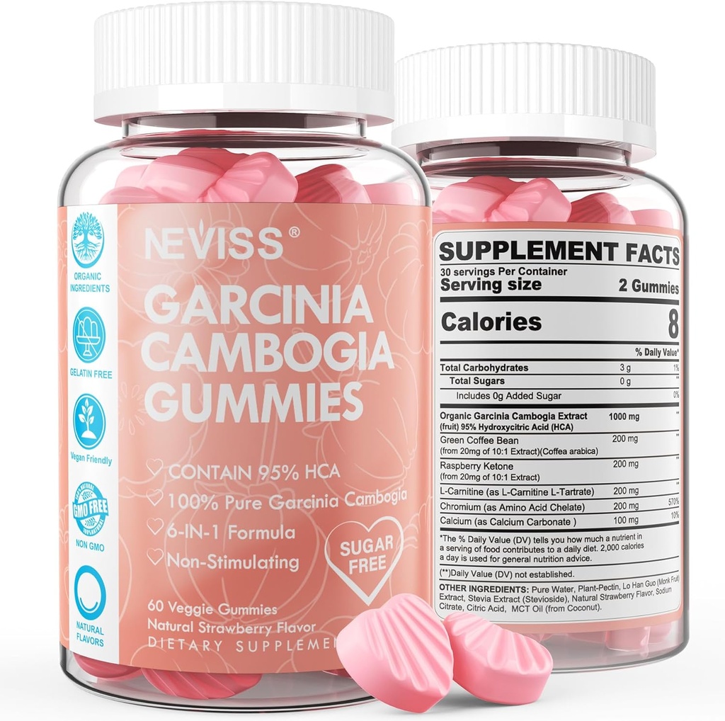 Zucker Kostenlose Garcinia Cambogia Gummie 1000mg 95% HCA mit L-Carnitin, Himbeere Ketone, Chrom, Grüne Kaffeebohne für Stoffwechsel, Energie-Boost, 100% Bio-Extrakt, Vegan, Erdbeeren Flavor 120 Cts
