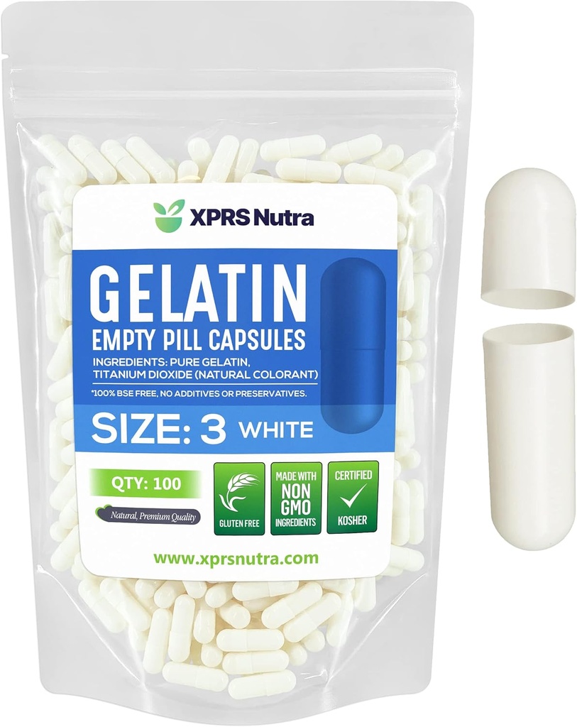 XPRS Nutra Size 3 capsule vuote - 100 Conta capsule Gelatina Vuota - Pillole Riempimento capsula fai da te - Pure Bovine Pill Gel Caps Fillable Do-It-Yourself Vitamins and Supplements (White)