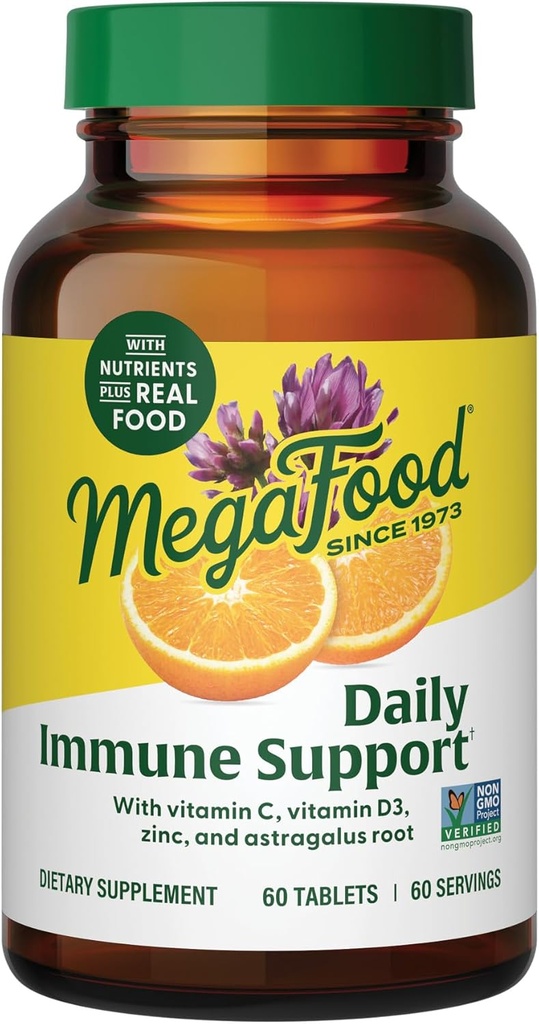 MegaFood Supporto Immune Giornaliero - Integratore di Supporto Immune con Vitamina C, Vitamina D, Zinco, Radice Astragalus e Altro - Vitamine per Donne & Uomini - Non OGM - Fatto Senza 9 Allergeni Alimentari - 60 Tabs