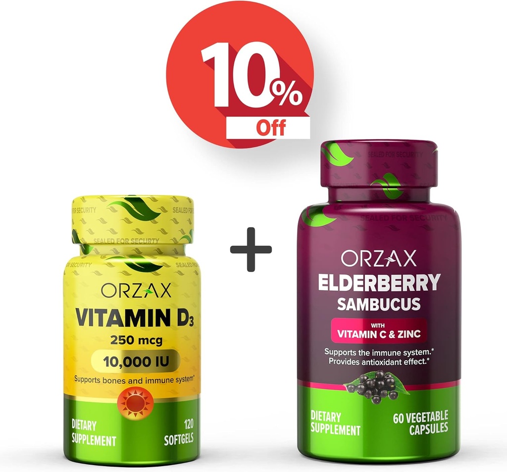 ORZAX Vitamina D3 10000 iu Elderberry Capsule, 2000 mg Sambucus, Bundle