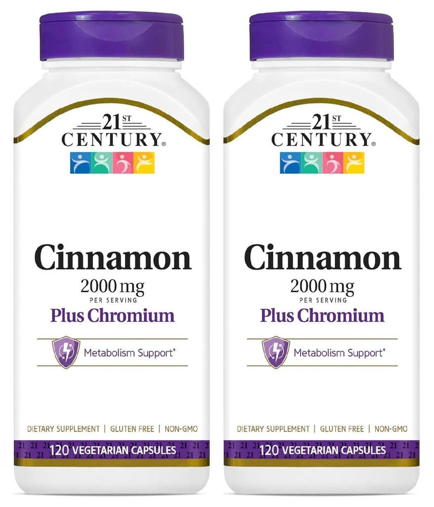 Cinnamon du 21e siècle 2000 mg Par portion Plus Capsules végétariennes de chrome 120 Compte - Boîte de 2