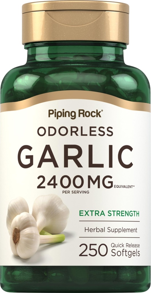 Piping Rock Odorless Knoblauch Ergänzung 2400mg | 250 Softgels | Hohe Potenz Kräuterextrakt | Extra Stärke Pillen | Non-GMO, Glutenfrei