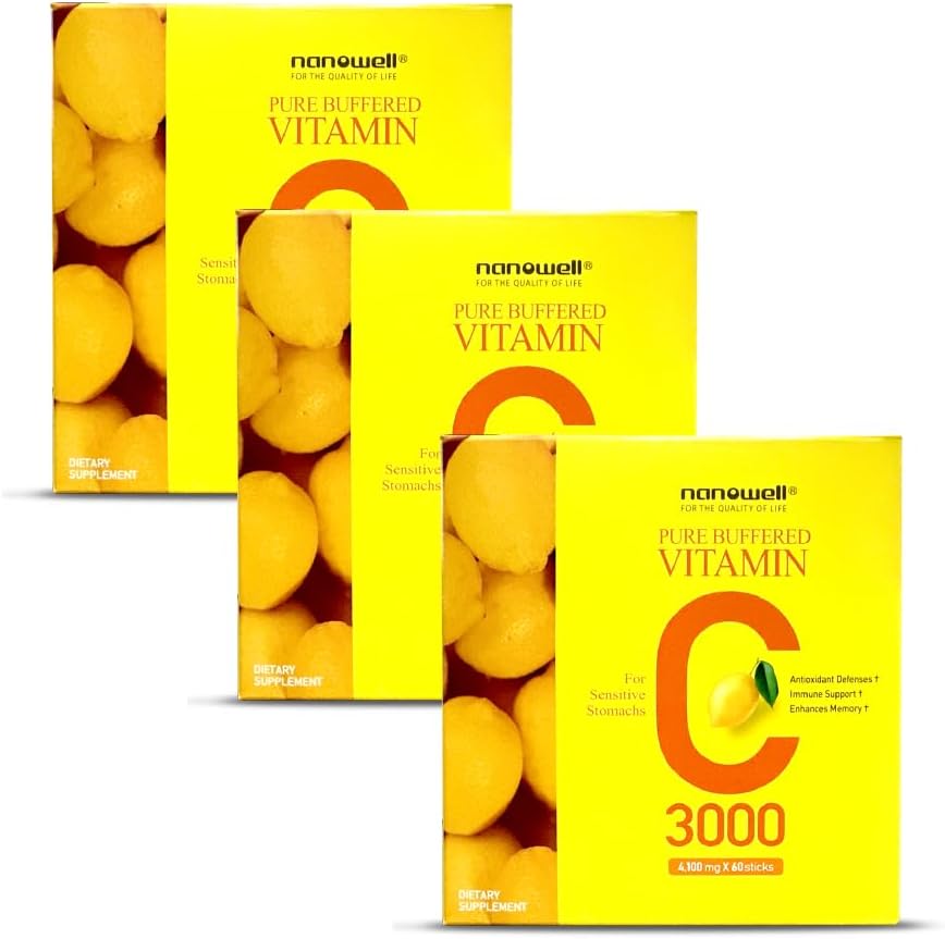 NANOWELL Pure Buffered Vitamin C 3000 mg per porzione, Integratore alimentare per il supporto immunitario - 60 Sticks x 3 scatole, 6 mesi di alimentazione (180 conteggio)