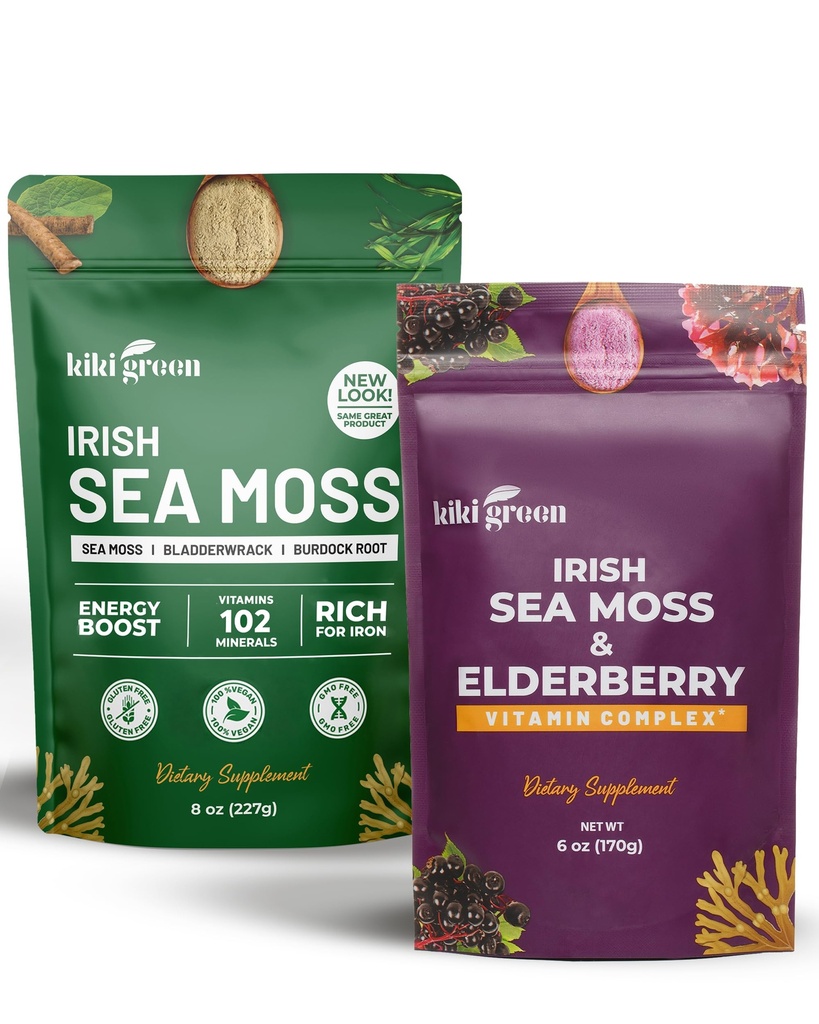 KIKI Green Sea Moss Powder Bundle - Immune Support Superfood Complex 8 oz, 6 oz - Raw Sea Moss, Burdock Root, Bladderwrack, Elderberry Extract - for Immunity Boost, Energy & Health Support