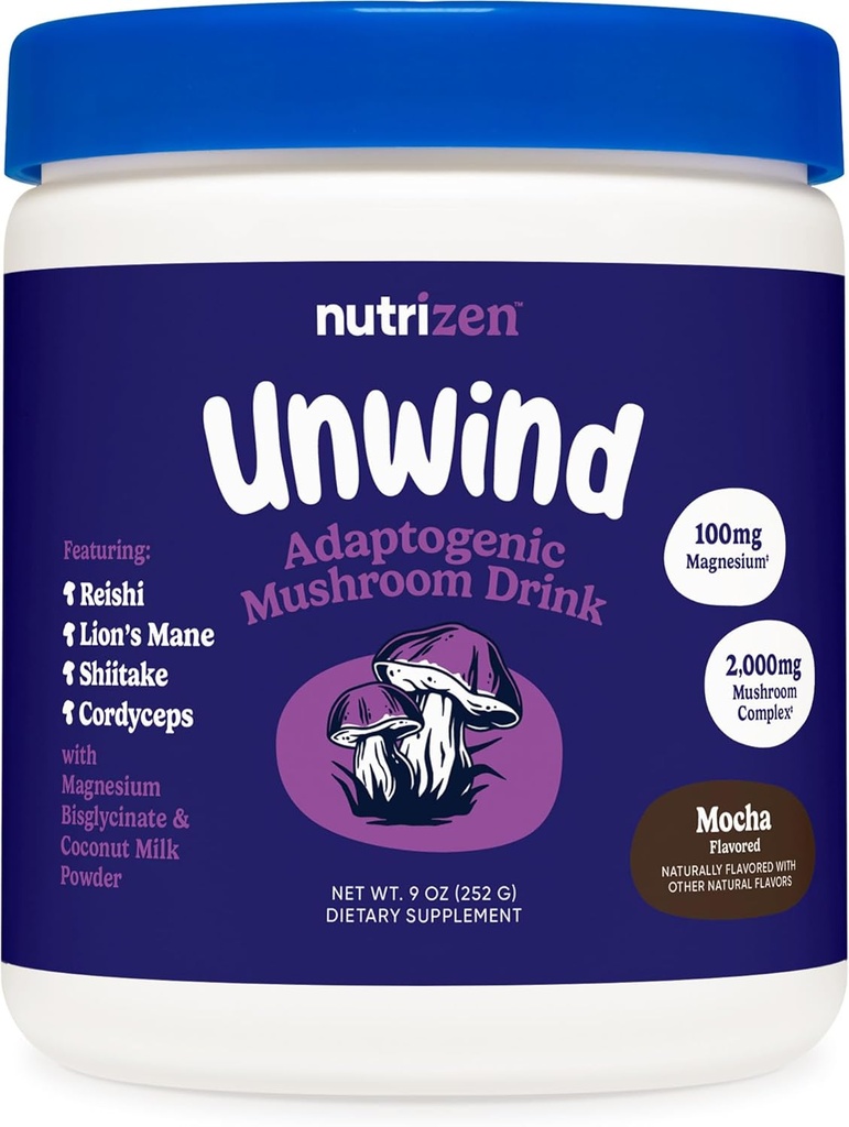 Nutricost Nutrizen PM Unwind Adaptogenic Mushroom Drink (Mocha Aromaed) 30 Serve - Include Reishi, Lion's Mane, Shiitake, Cordyceps