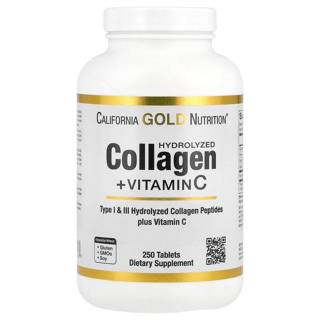 California Gold Nutrition Hydrolysed Collagen Peptides + Vitamine C Support pour cheveux, peau, ongles, articulations et os - Avec des peptides de collagène de type I et III - sans gluten, sans OGM - 250 comprimés