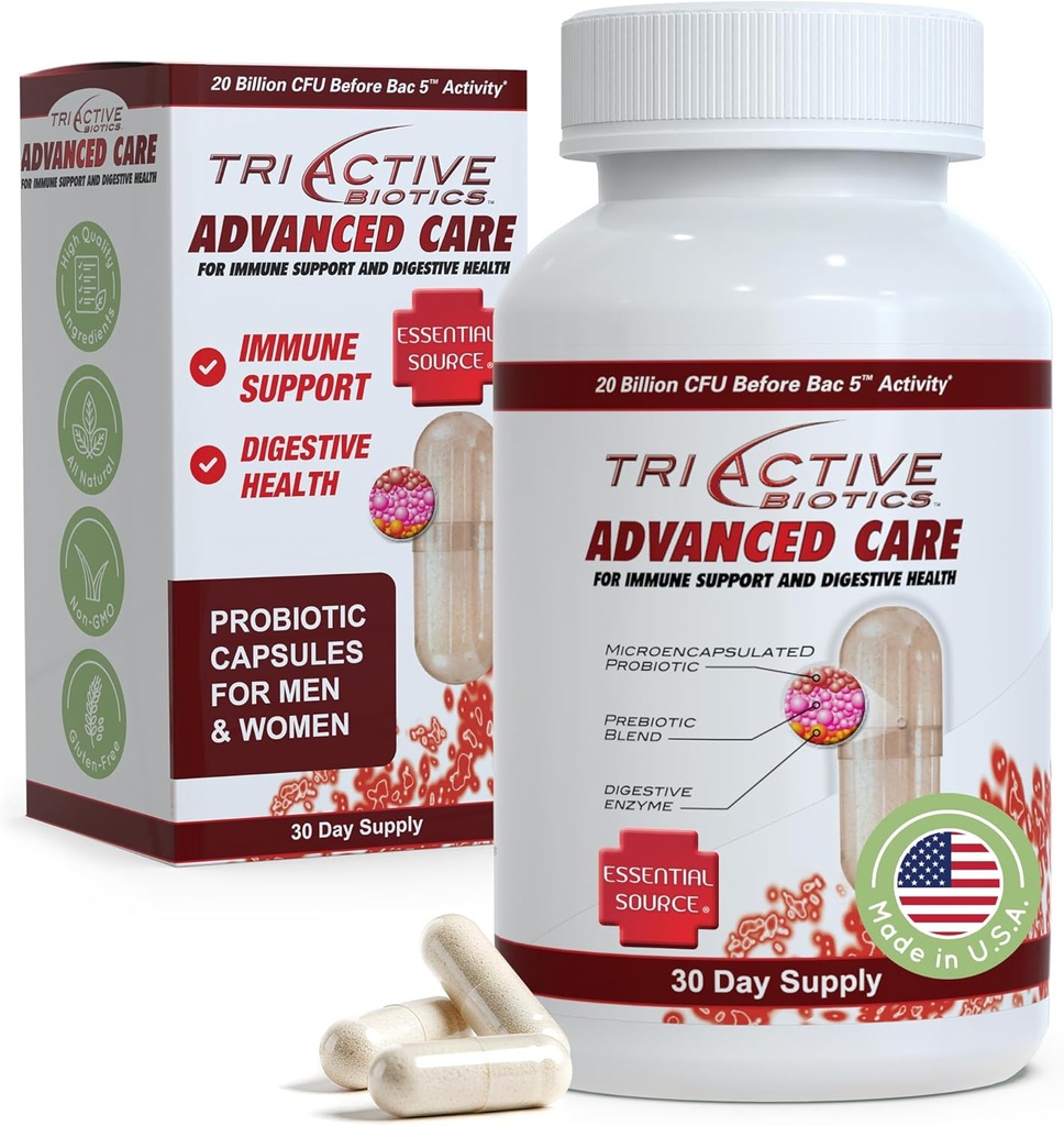 Source essentielle Biologie Triactive Soins avancés - 20 milliards CFU Probiotiques pour la santé digestive, Supplément de soutien immunitaire, Probiotiques microencapsulés pour les femmes et les hommes, 30 capsules Ct