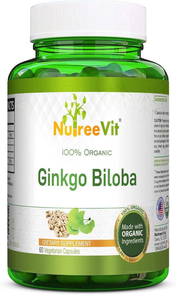 NutreeVit 100% Organic Ginkgo Biloba Capsule - Supporta la salute del cervello, Allerta mentale, Circolazione e Aumenta la Memoria - Antiossidante organico - 100 Conte Bottiglia