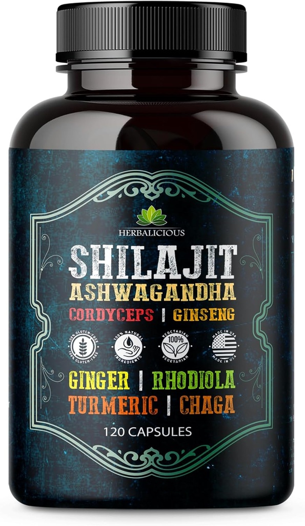Shilajit für Herren – 8-in-1 Adaptogene Ergänzung mit Ashwagandha, Cordyceps, Ginseng, Rhodiola, Turmeric, Chaga & Ginger – Natürliche Energie, Stress Relief & Immununterstützung – 120 Vegan Kapseln