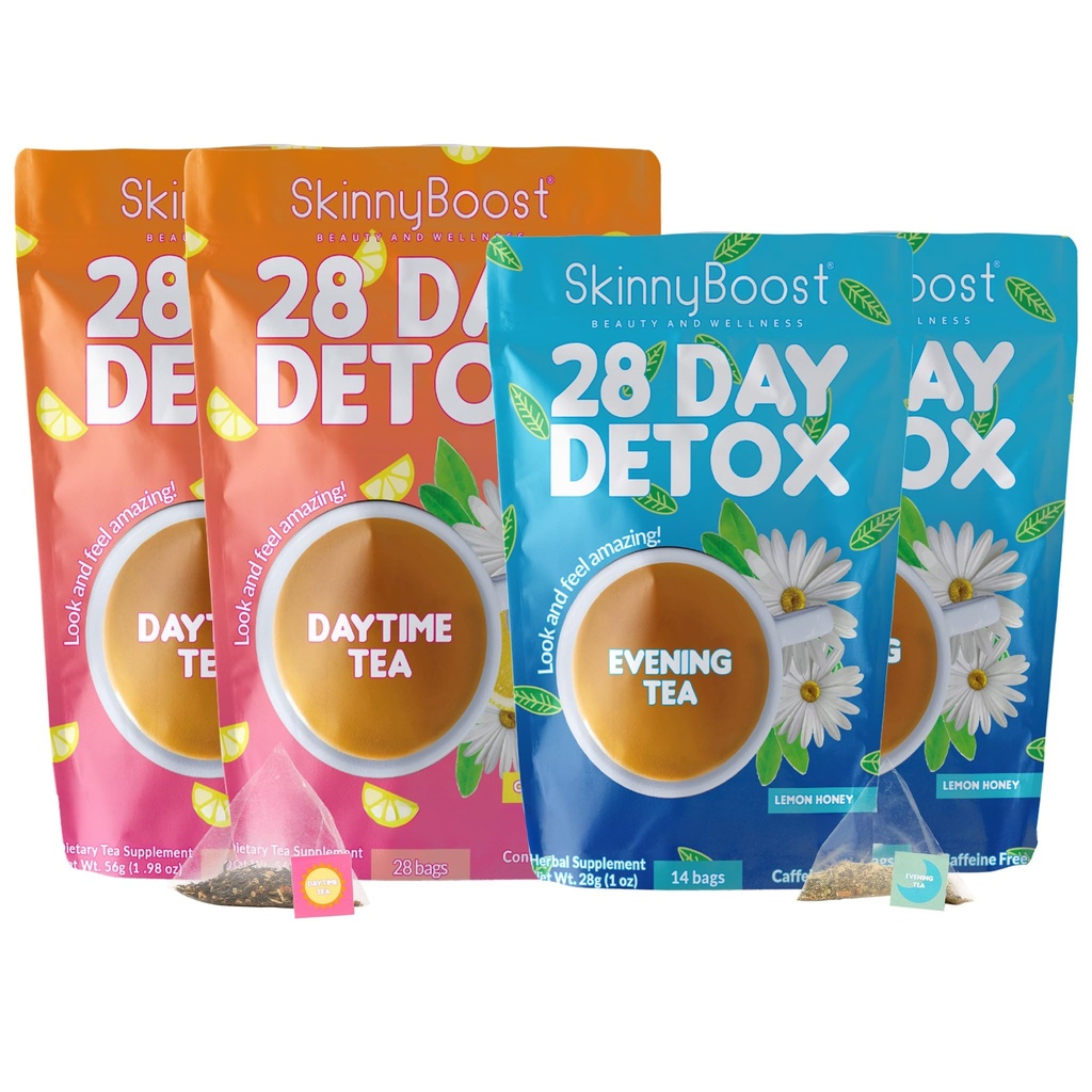 Skinny Boost Detox Tea Kit – 4 PACK - 2 Daytime Teas (56 Bags) 2 serate Tea (28 Borse) – Detox erbe per il peso, Metabolismo, Energia, Bloating & Colon Cleanse – The verde, Vegan, Keto, Non OGM, Sugar-Free