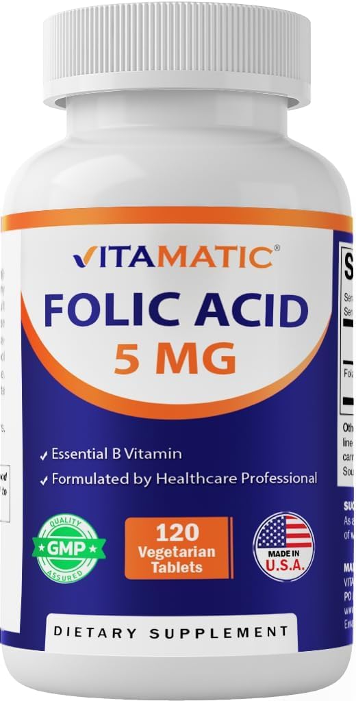 Vitamatic Folic Acid 5mg (5000 mcg) – 120 Vegetarische Tablets Hohe Potenz Vitamin B9 (Folate) für Zelluläre Gesundheit, Herzunterstützung und pränatale Pflege