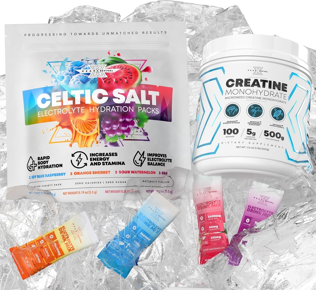 Micronized Creatine Monohydrat Pulver + Elektrolyte Pulverpackungen - keltische Salzvarietätspackung (12 Packungen)