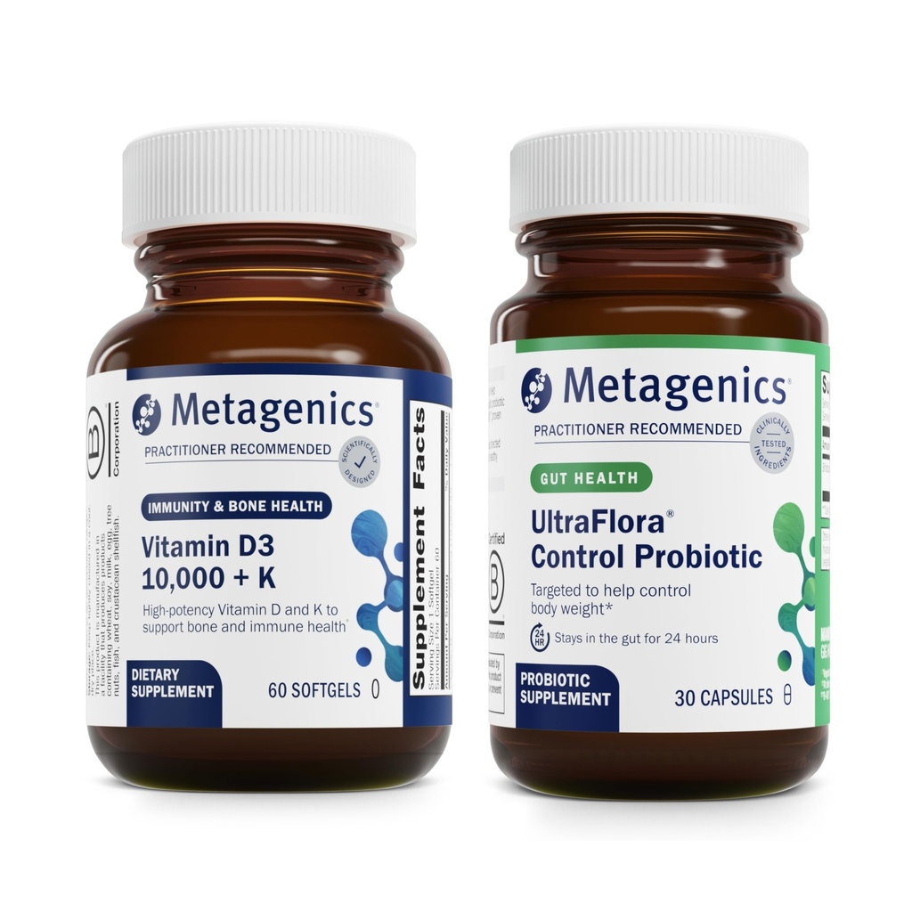 Metagenics Vitamin D3 10.000 + K (60 Softgels) & UltraFlora Control Probiotic (30 Portionen) - Unterstützt Knochen & Herzgesundheit - Aids Healthy Body Composition