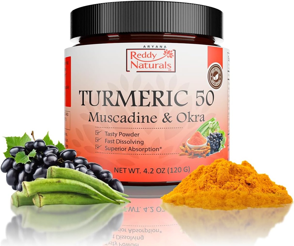 Reddy Naturals Aryana Turmeric 50 – Polvere organica di supplemento di curcuma con Muscadine Grape & Okra – Veloce-Dissolving, pianta-Based Formula per il benessere quotidiano – 30 Serve