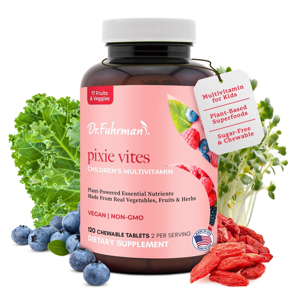 Dr. Fuhrman Pixie Vites Chewable Children's multivitamin | Whole Food Kids Multi with Vitamin D3, K2 & Zinc | Sugar Free, Vegan, Non-GMO | Organic Natural Fruits and Veggies | Berry Flavor | 120 Tabs
