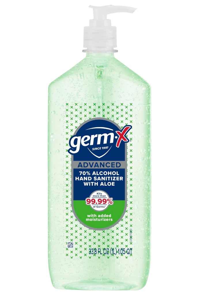 Germ-X Advanced Hand Sanitizer con Aloe e Vitamina E, Gel idratante non asciugante, Formula istantanea e No Rinse, Bottiglia della pompa, Back to School Supplies, 1 Liter