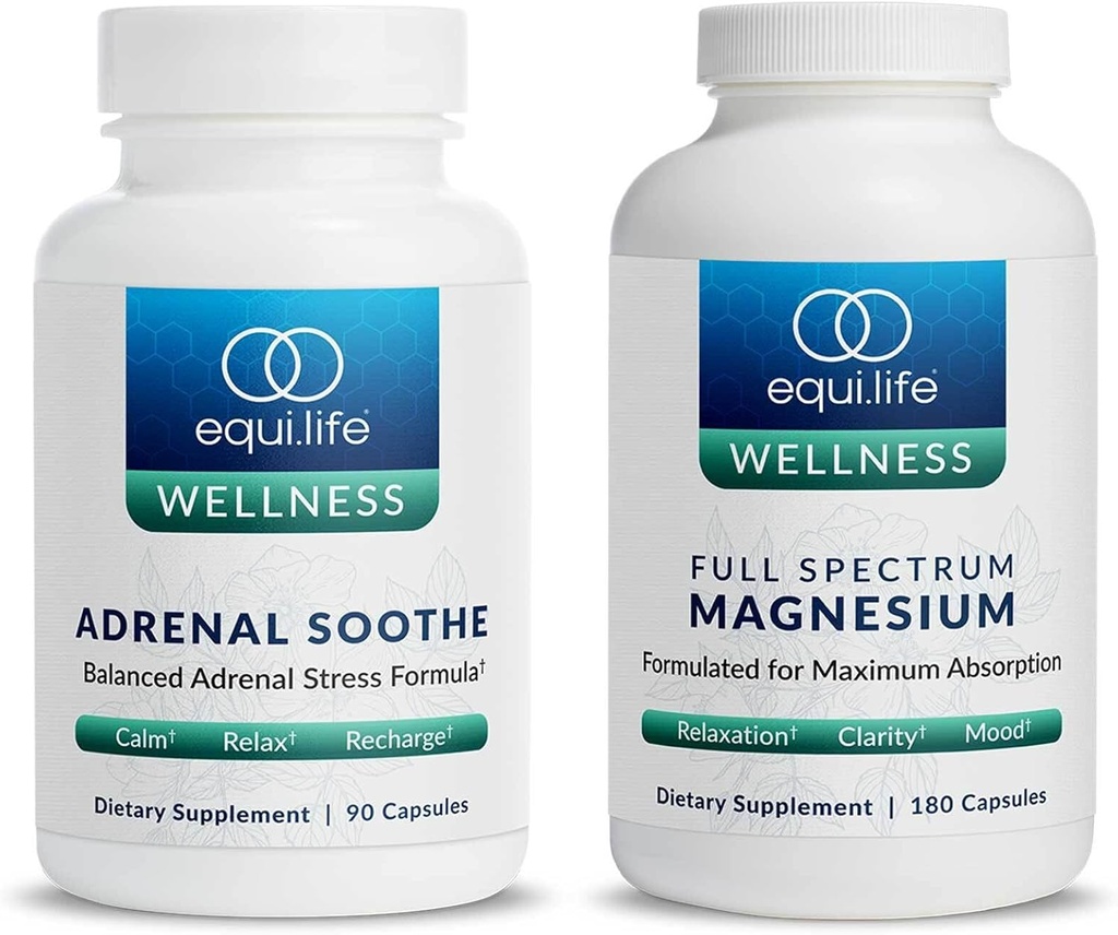 Equilife Full Spectrum Magnesium (180 ct.) e Adrenal Soothe (90 caps) Bundle Mood & Energy Support Supplement, Vegan, Non OGM