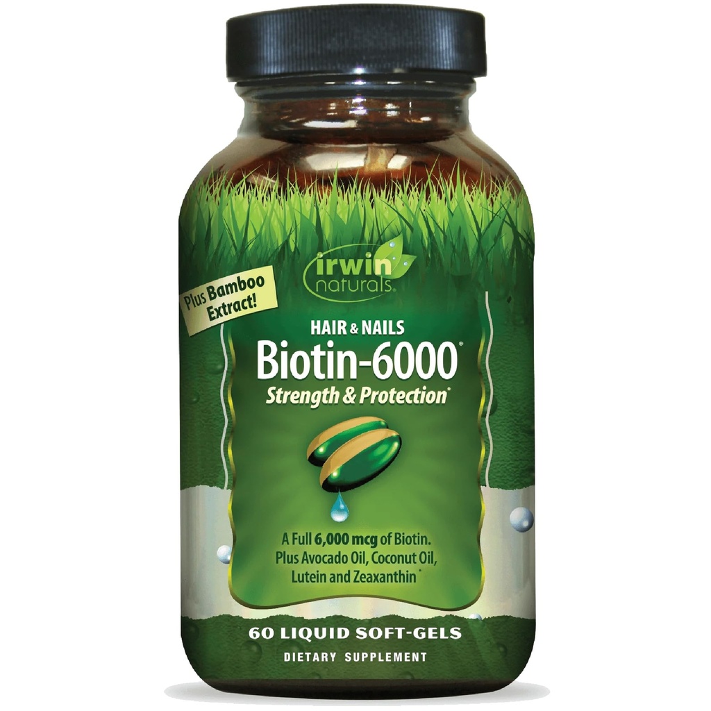 Irwin Naturals Biotin-6000 unterstützt gesunde Haut, Haare & Nägel - 60 flüssige Weichgele - Stärke + Schutz mit hoher Potenz 6000 mcg, Bambus, Avocado, Kokosnuss &amp; mehr - maximale Absorption