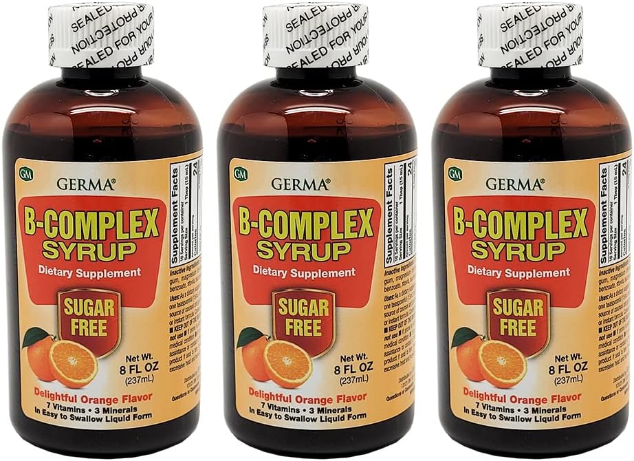 Germa B-Complex Sirop. Supplément diététique. Aide à la santé des os, à la croissance et au développement. Sans sucre. Boîte de 3