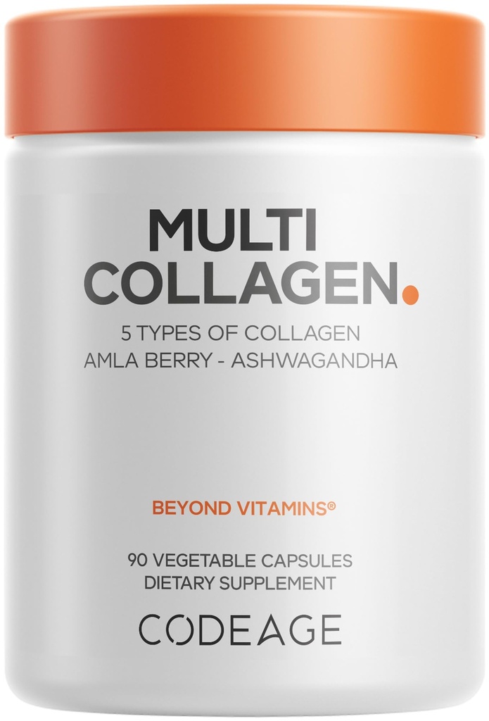 Codeage Multi Collagen Peptides Protein Kapseln, 5 Collagen Arten, Grass-Fed & Hydrolyzed Bovine Collagen Pills Supplement, Ashwagandha, Amla Berry Vitamins, Collagen Peptides - 90 Kapseln