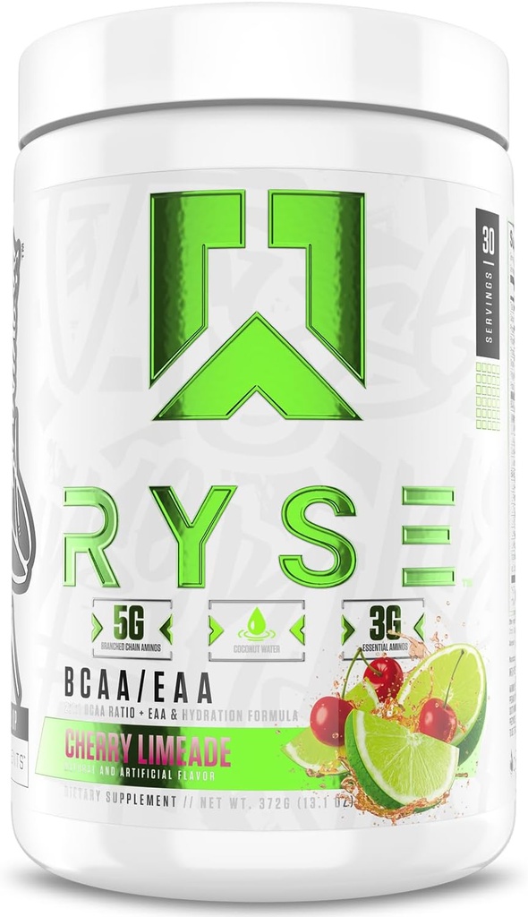 RYSE BCAA EAA Pulver - Kirsche Limeade - 5g verzweigte Kette Aminosäuren, 3g essentielle Aminosäuren, Zuckerfreie Elektrolyte für Pre & Post Workout Muskel Erholung, Hydration und Stärke - 30 Servierungen