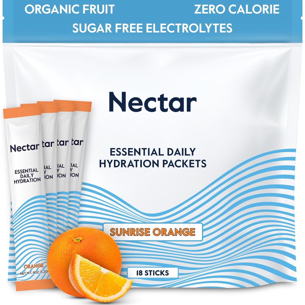 Paquets d'hydratation Nectar - Paquets de poudre d'électrolytes - Pas de sucre ou de calories - Paquets d'électrolytes liquides de fruits biologiques pour déshydratation et réhydratation rapide (Orange 18)