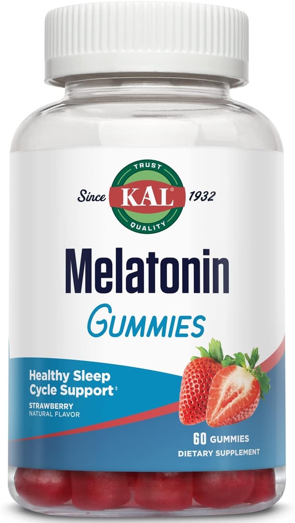 KAL Melatonin Gummies, Melatonin 5mg Schlafhilfe, Gesunde Entspannung, Schlafdauer, Qualität und Beruhigung Unterstützung Formel, Vegetarisch, Glutenfrei, Natürliche Erdbeer-Flaschen, 30 Servierungen, 60 Gummies