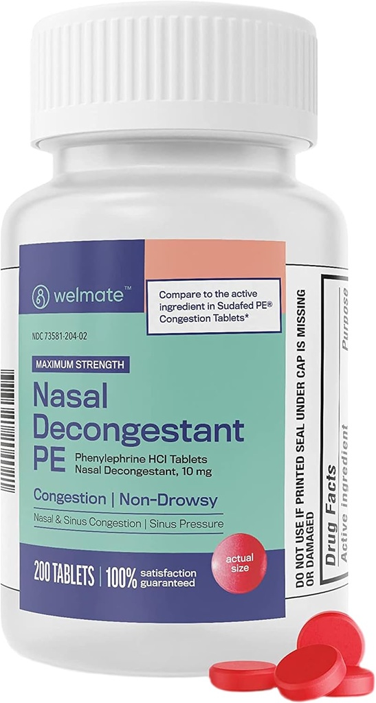 WELMATE - Nasal Dekongestant PE - Phenylephrin HCl 10 mg - Maximale Stärke - Sinus Relief - für Kalt & Allergien - Nicht-Droxyd - Antihistamin - Schmerzlinderung - Dekongestants für Erwachsene - 200 Tabletten